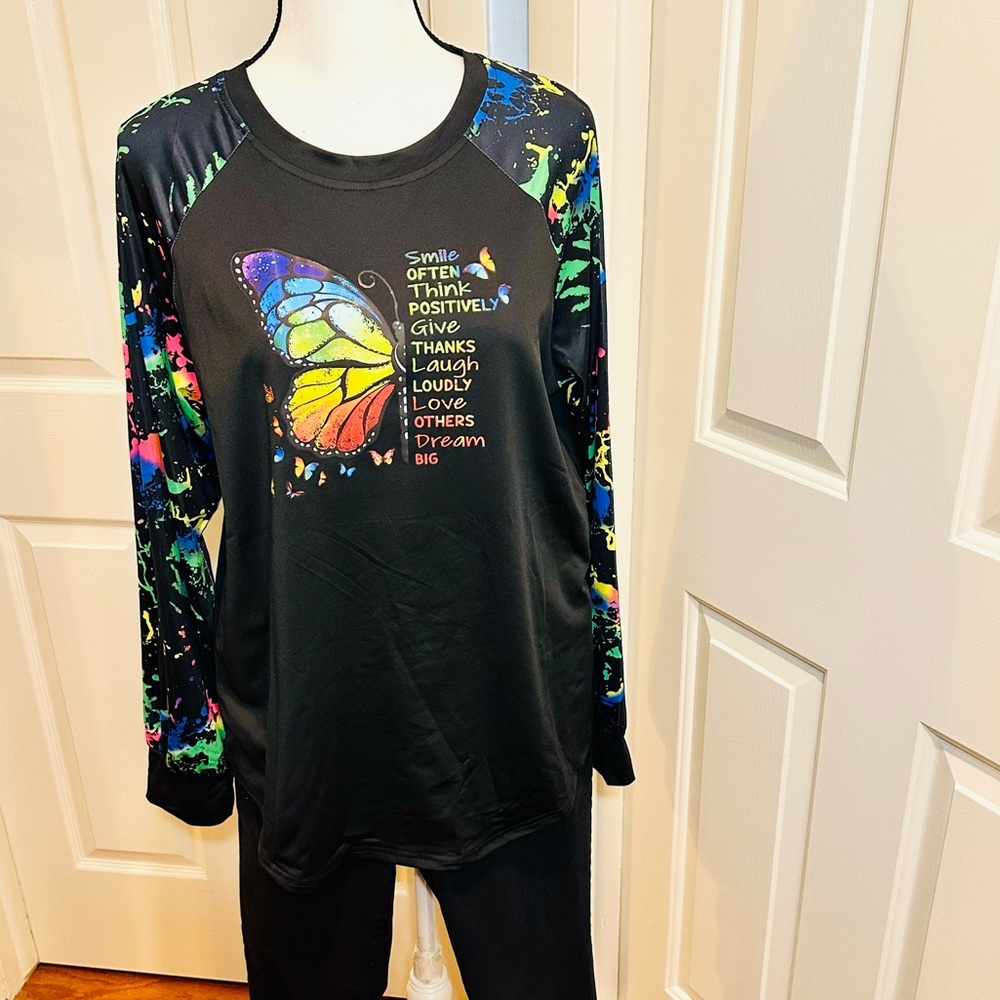 Positive Butterfly Graphics Ink Splash Print Raglan Crewneck T-shirt🦋